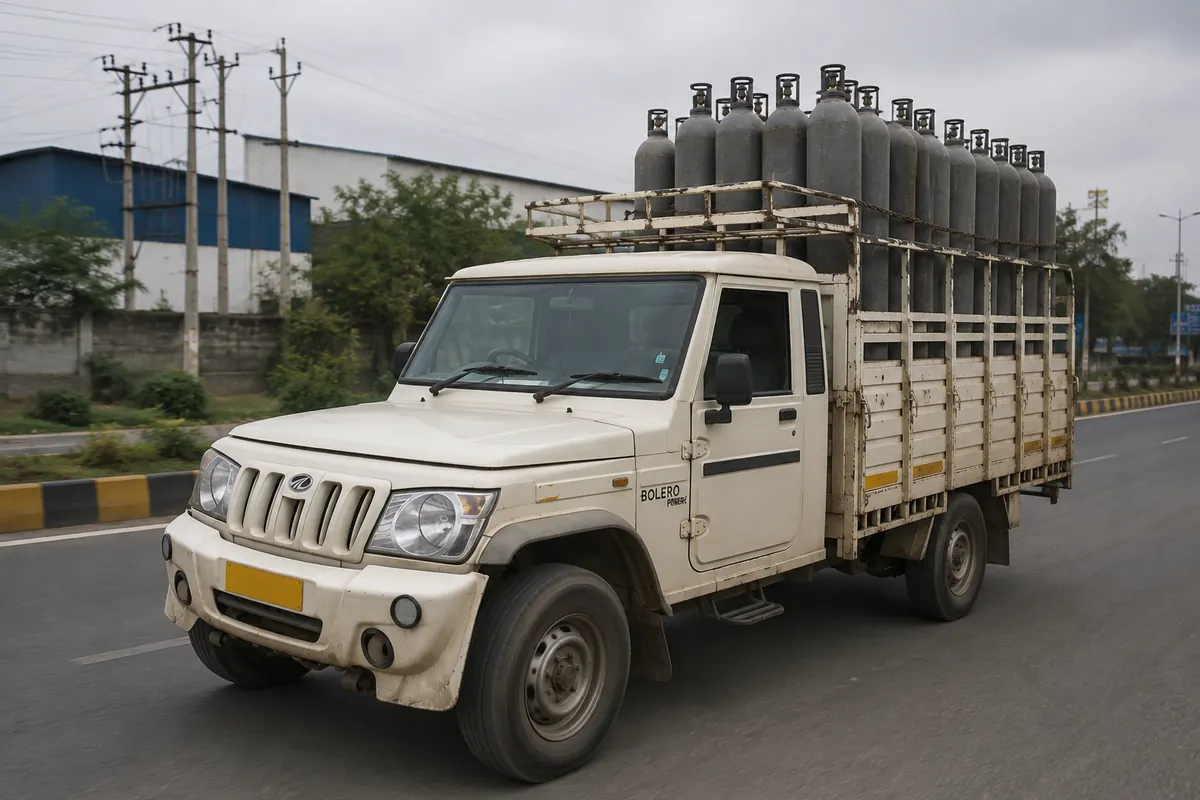 Gas cylinders loaded on a delivery truck